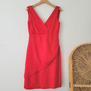 Oleg Cassini 100% Silk Red Jacquard Dress Vintage 8 Wrap V Neck Draped Cocktail